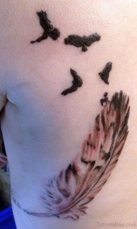 Black Birds And Feather Tattoo On Rib