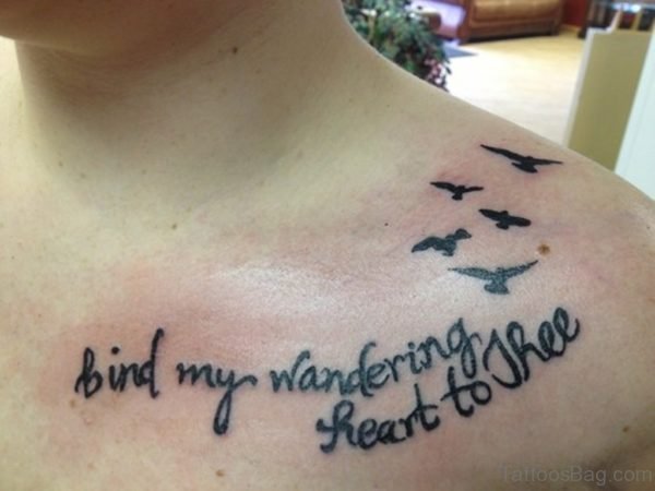 Black Birds And Wording Tattoos On Chest