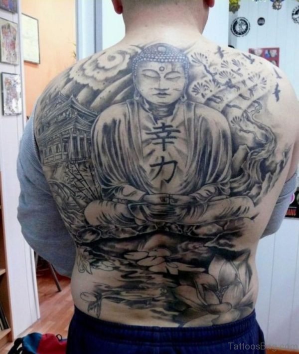 Black Buddha Tattoo On Man Full Back