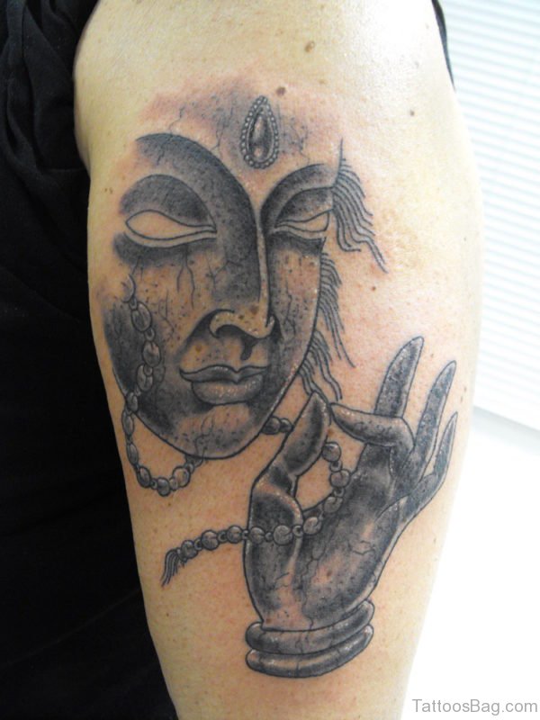 Black Buddhist Tattoo On Shoulder