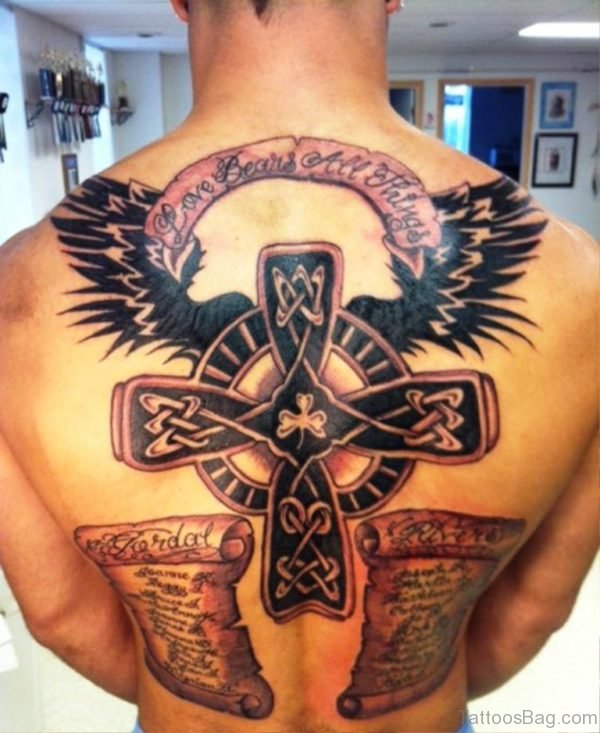 Black Celtic Cross Tattoo On Back