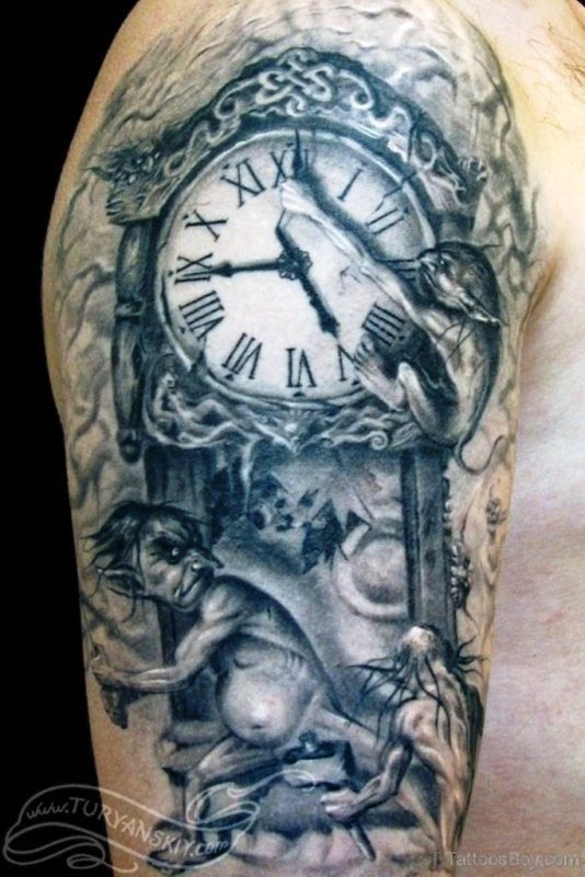 Black Clock Shoulder Tattoo Design 