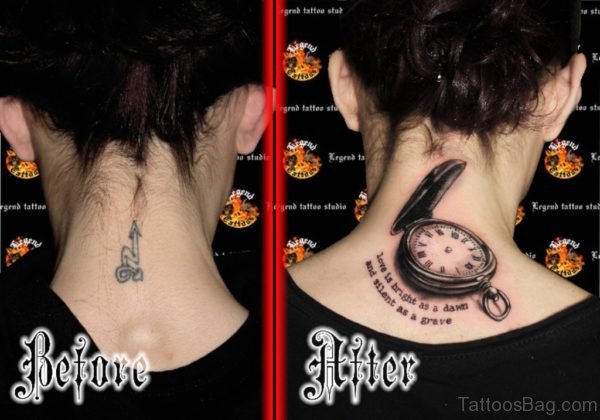 Black Clock Tattoo On Neck 