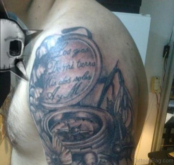 Black Compass Tattoo On Shoulder For Men
