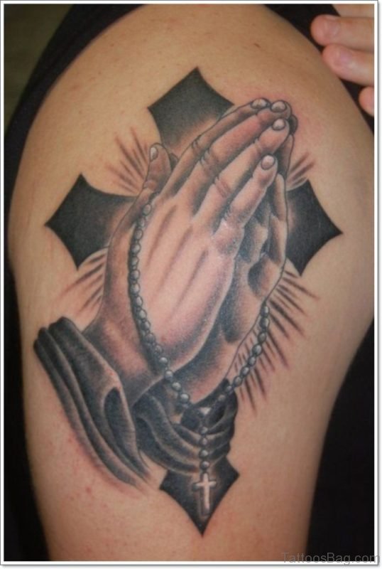 Black Cross And Praying Hands Tattoo