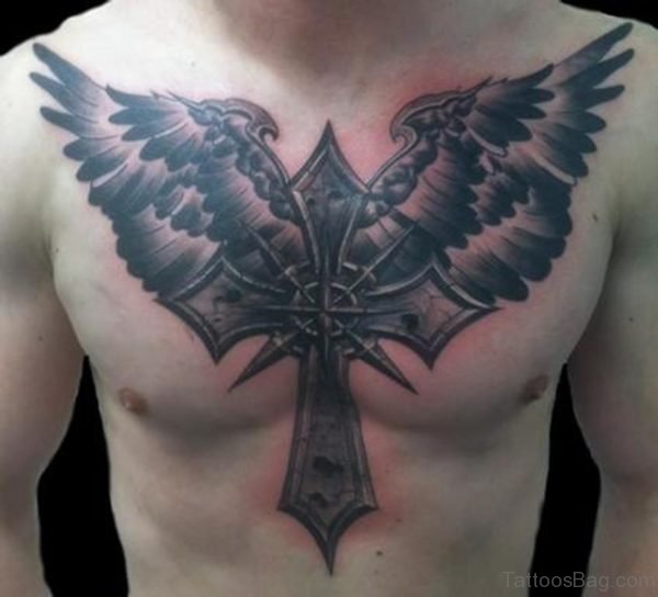 Black Cross And Wings Tattoo