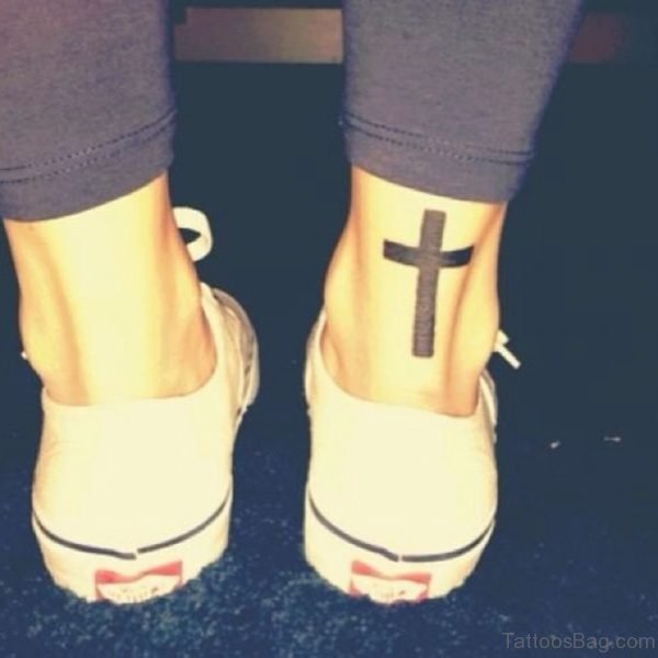 Black Cross Tattoo On Ankle Image