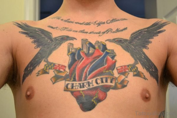 Black Crows And Heart Tattoo On Chest