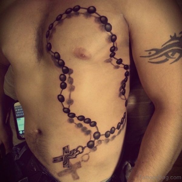 Black Ink 3D Rosary Cross Tattoo