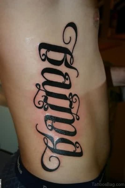 Black Ink Ambigram Tattoo On Rib Side