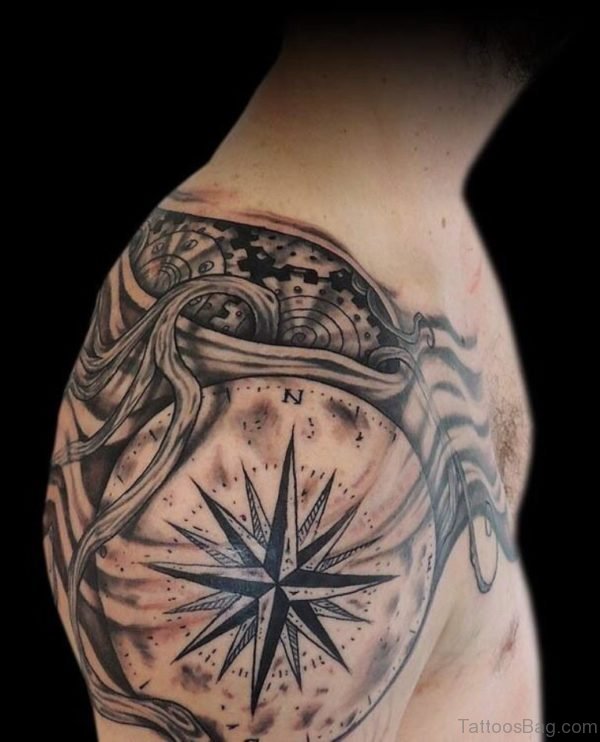 Black Ink Compass Tattoo