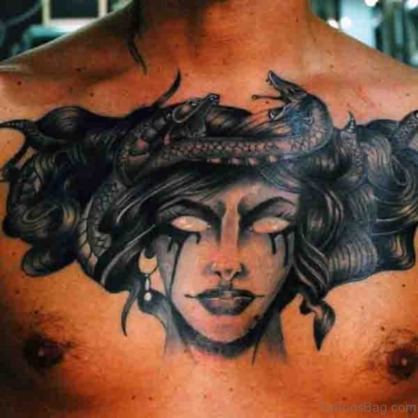 Black Ink Cool Medusa Tattoo On Chest