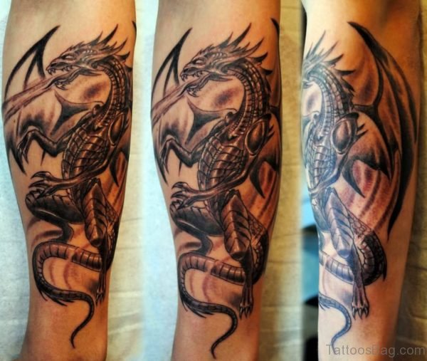 Black Ink Gothic Dragon Tattoo Design For Arm
