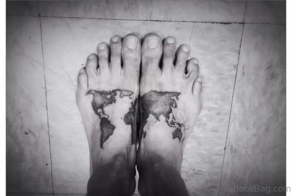 Black Ink World Map Tattoo On Feet