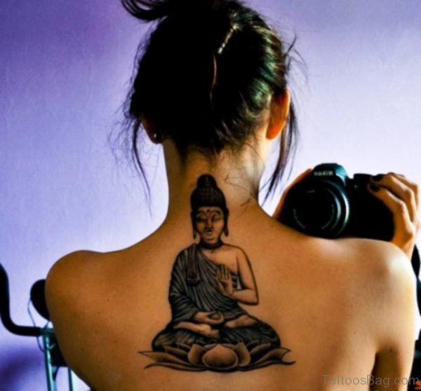 Black Inked Buddha Tattoo On Back