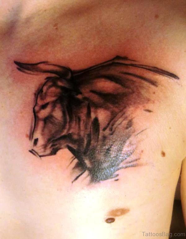 Black Inked Bull Tattoo On Chest