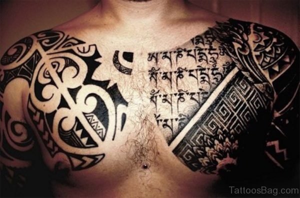 Black Inked Tribal Tattoo On Chest