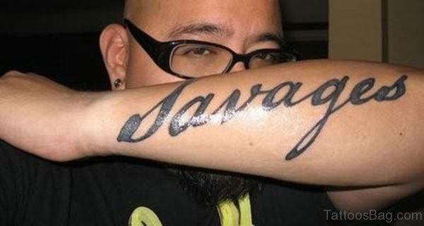 Black Inked Wording Tattoo On Arm