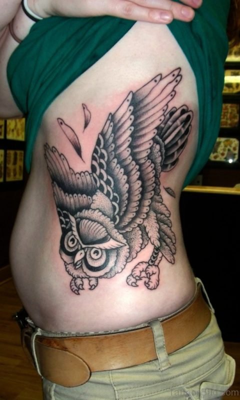 Black Owl Tattoo On Rib