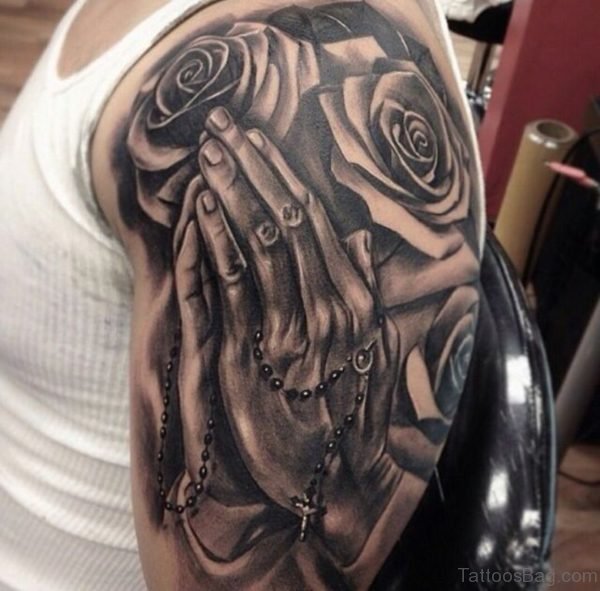 Black Rose And Praying Hands Tattoo