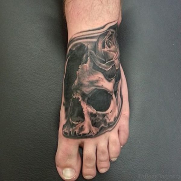 Black Rose And Women Foot Skull Tattoo