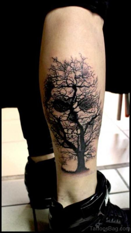 Black Scary Tree With Skull Tattoo