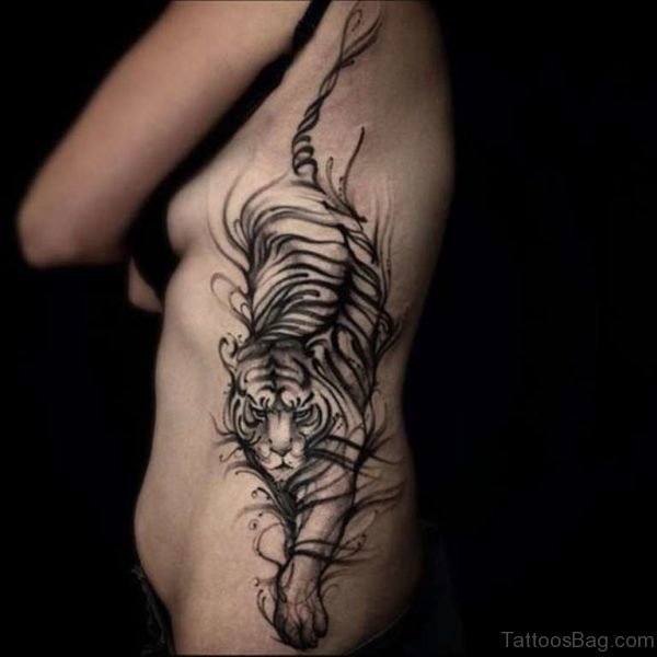 Black Tiger Tattoo On Rib