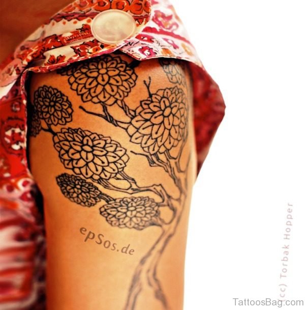 Black Tree Flower Tattoo On Shoulder