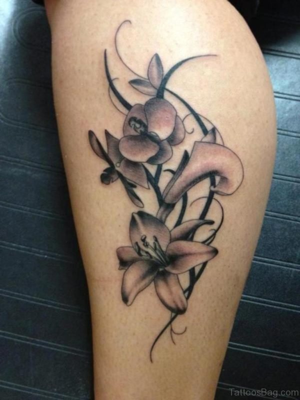 Black Tribal And Grey Orchid Tattoo On Leg