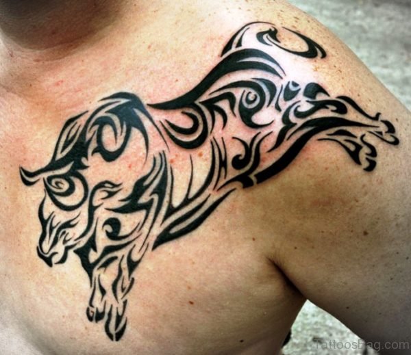 Black Tribal Bull Tattoo On Chest