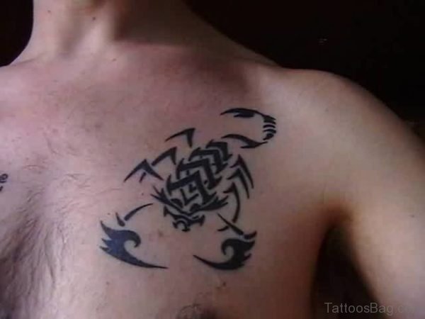 Black Tribal Scorpion Tattoo On Chest