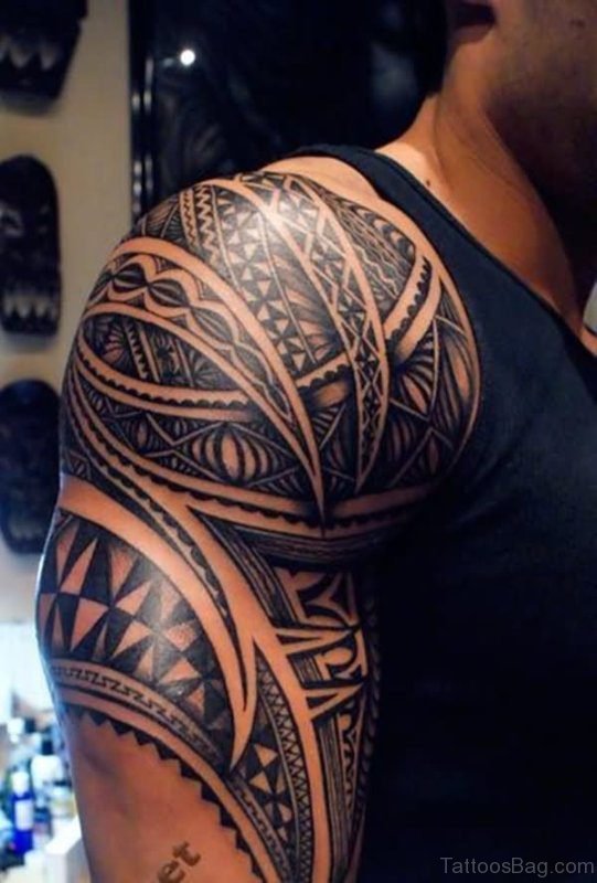 Black Tribal Shoulder Half Sleeves Tattoo