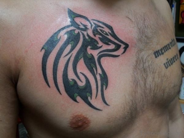 Black Tribal Wolf Tattoo On Man Chest