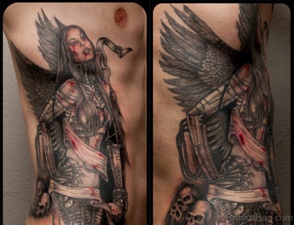 Bleeding Angel Tattoo On Rib Side