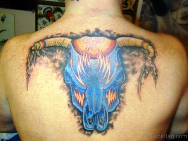 Blue Bull Head Tattoo On Back