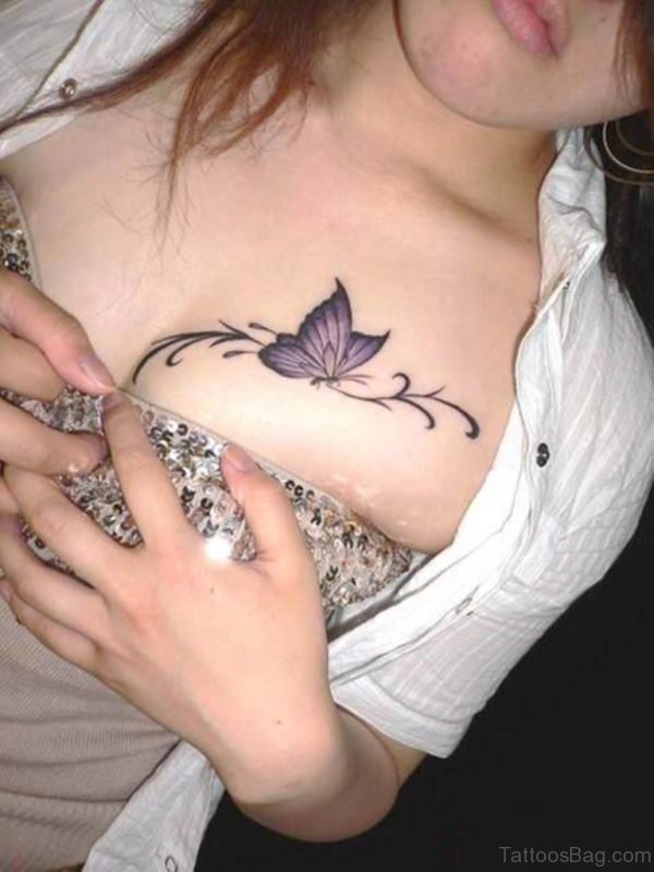 Blue Butterfly Tattoo On Chest