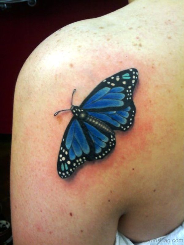 Blue Butterfly Tattoo On Shoulder