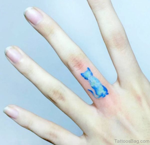 Blue Cat Tattoo On Finger