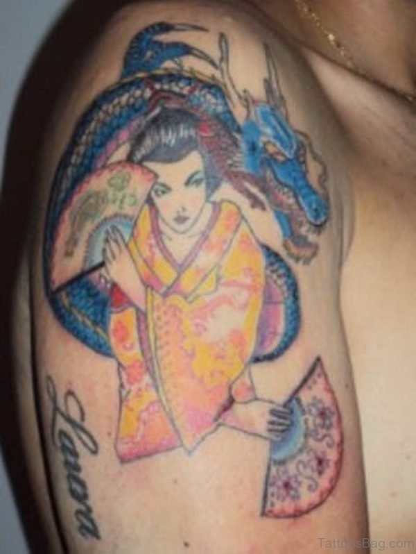 Blue Dragon n Geisha Tattoo On Right Shoulder