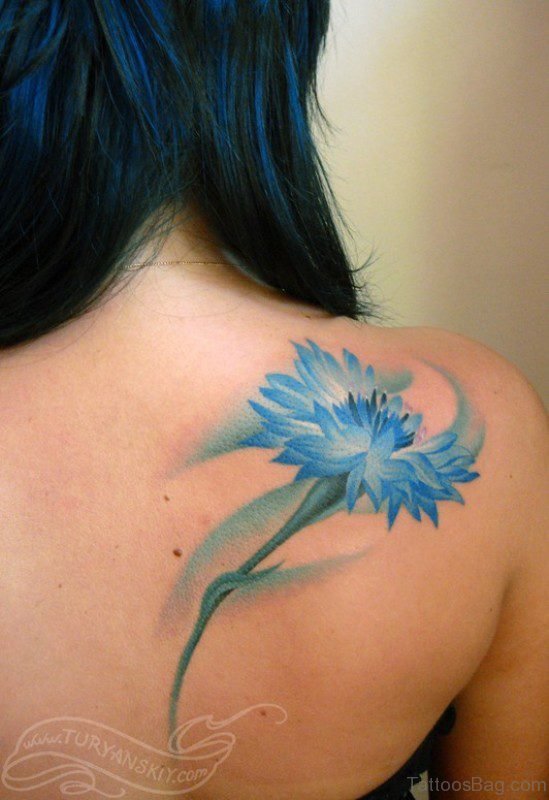 Blue Flower Shoulder Tattoo