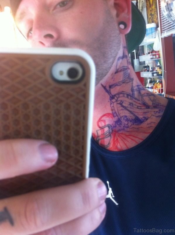 Blue Ink Ship Neck Tattoo