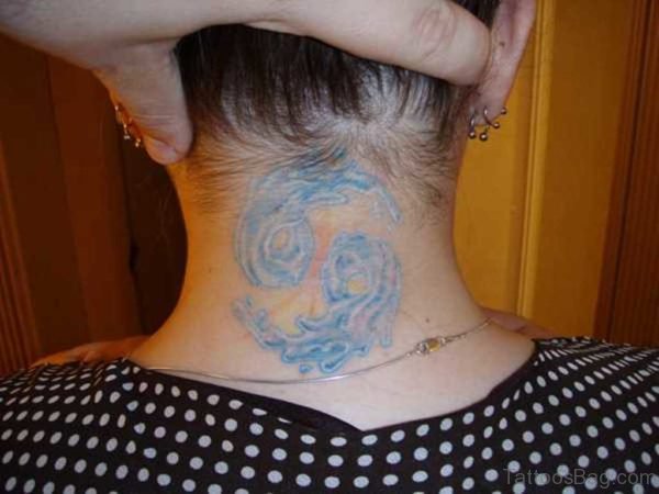 Blue Pisces Tattoo On Neck Back