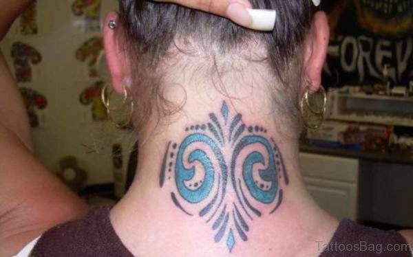 Blue Tribal Tattoo On Neck