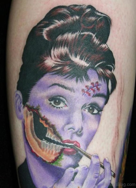 Blue Zombie Girl Tattoo On Leg