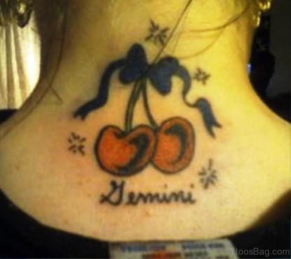 Bow And Cherries Tattoo On Neck