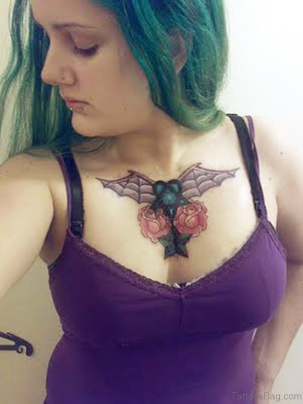 Brilliant Bat Tattoo With Wings On Chest