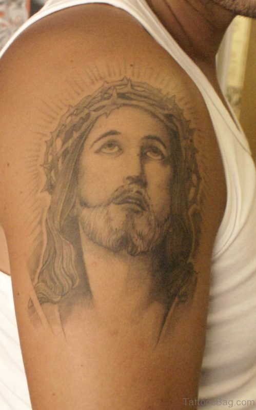 Brilliant Jesus Tattoo On Shoulder
