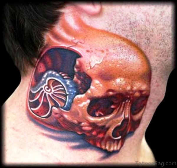 Brown Skull Tattoo On Neck 