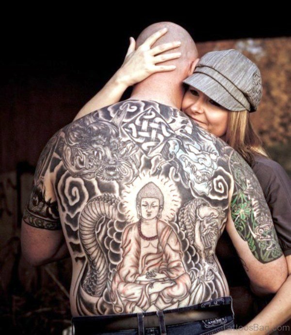 Buddha Tattoo With Devil On Back