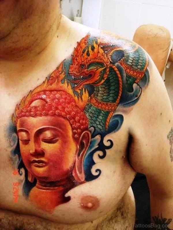 Buddha Tattoo With Dragon On Chest